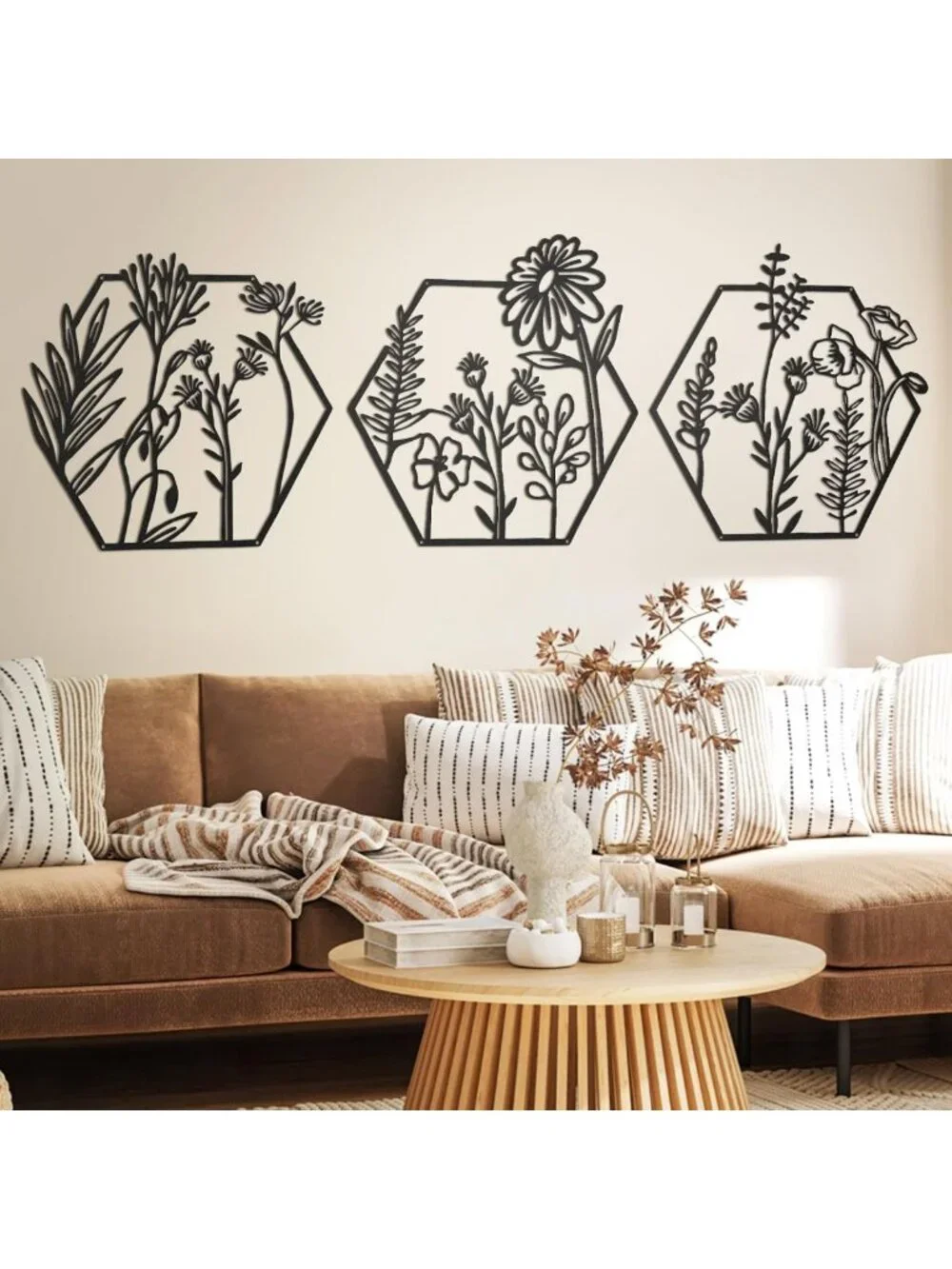 3-Piece Metal Flower Wall Decor Set - Minimalist Floral Hanging Art, Black