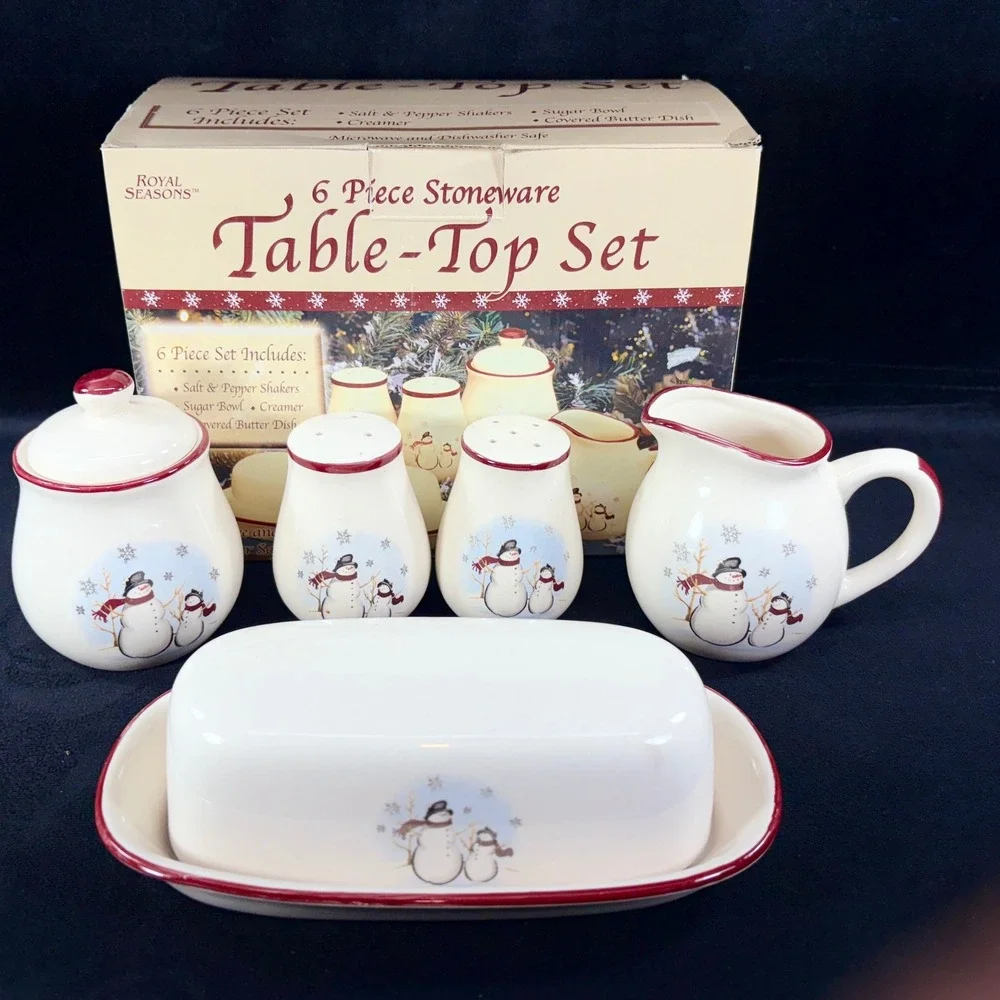 Royal Seasons‎ Snowman Table Top Set Butter Dish Creamer Sugar Bowl Salt Pepper