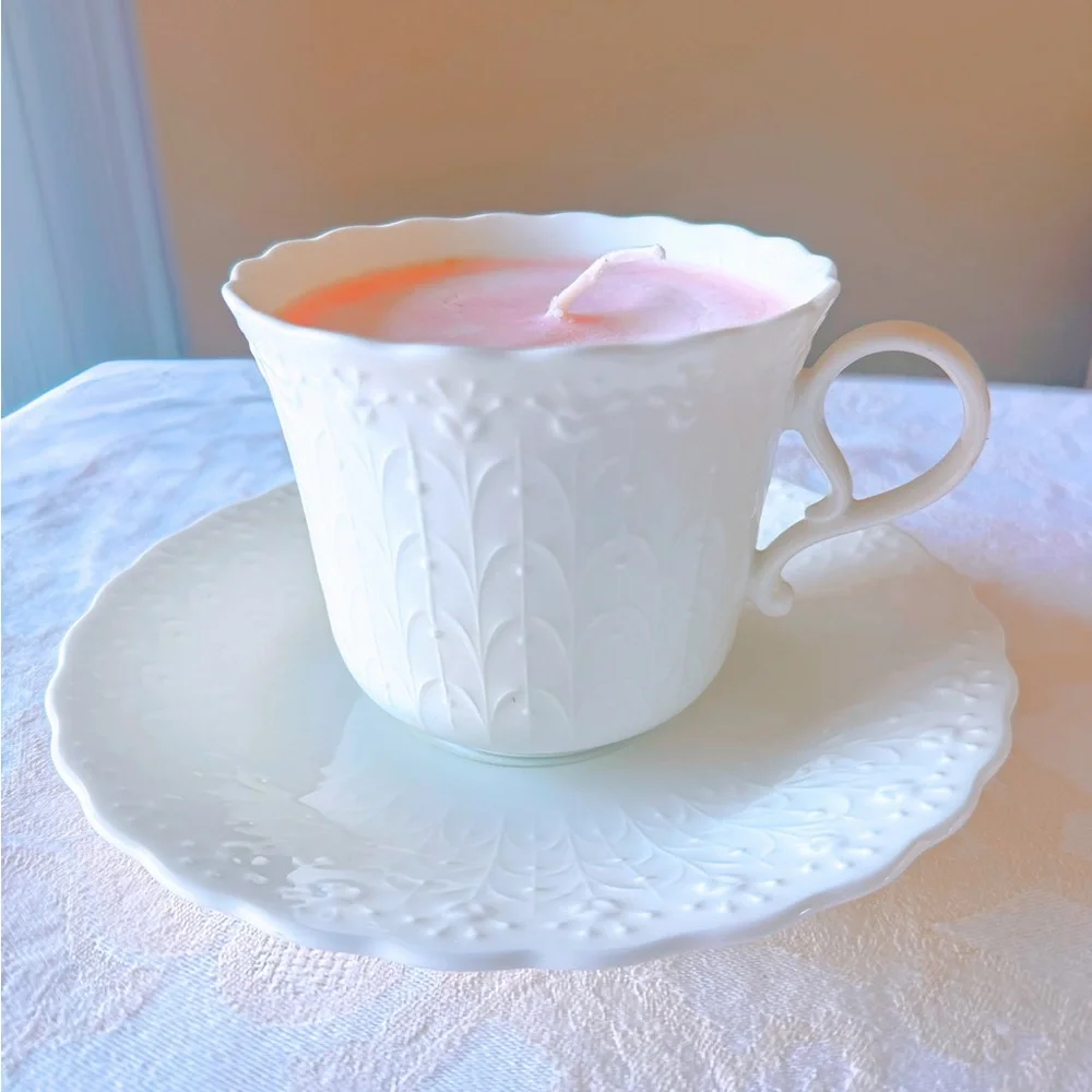 Narumi Bone China Teacup Candle Japan White Floral Cup Saucer Reusable Gift
