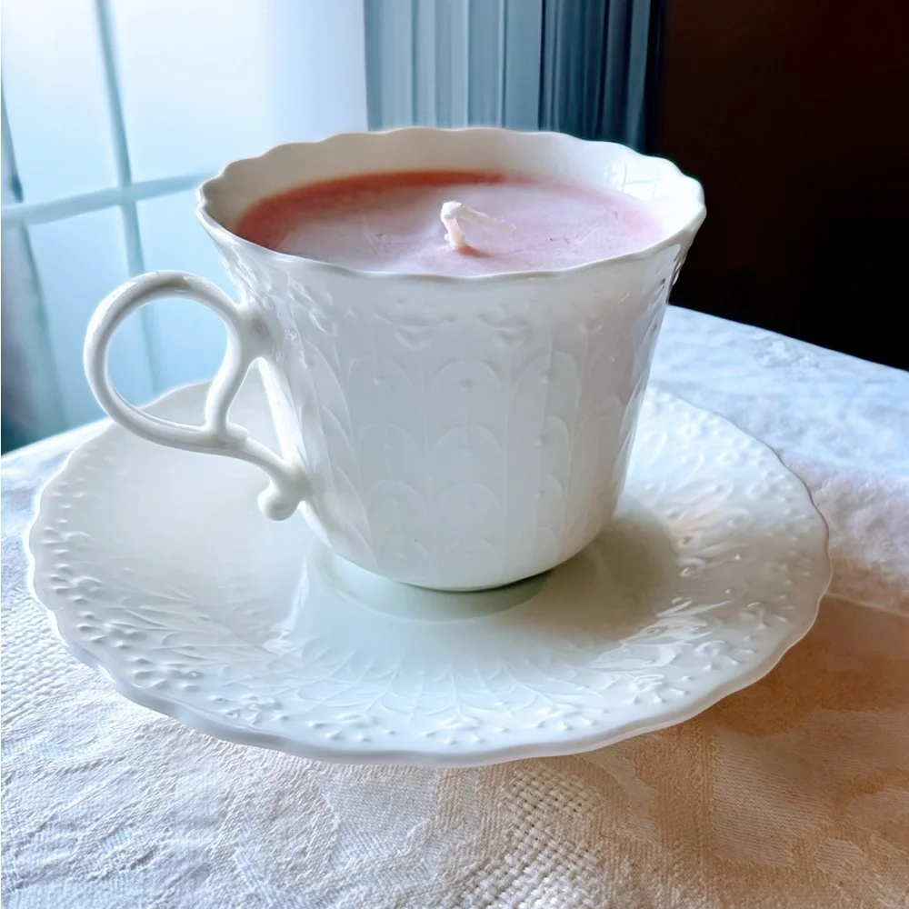Narumi Bone China Teacup Candle Japan White Floral Cup Saucer Reusable Gift