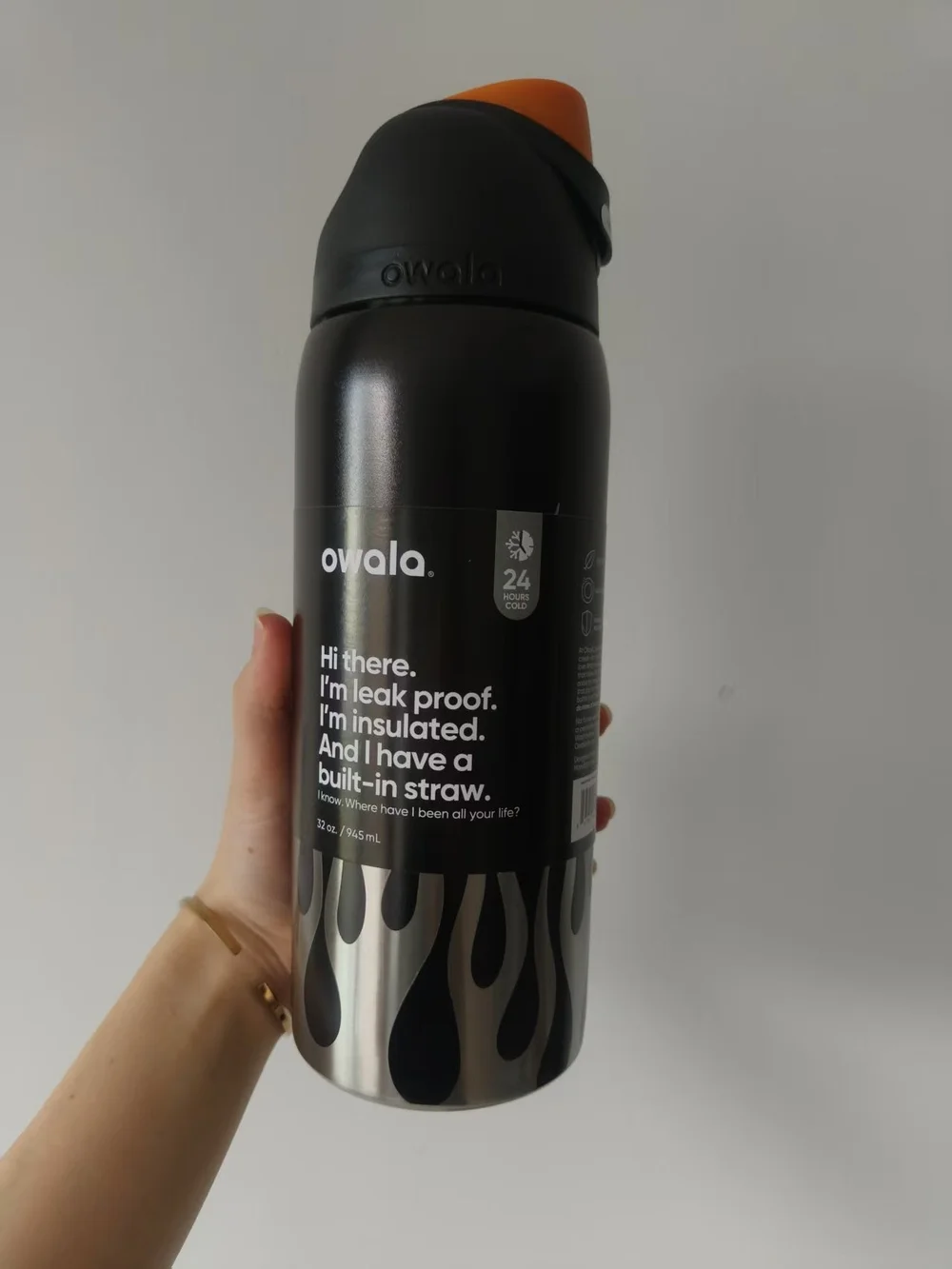Owala FreeSip 32oz Black Flame Water Bottle Chrome Inferno Style