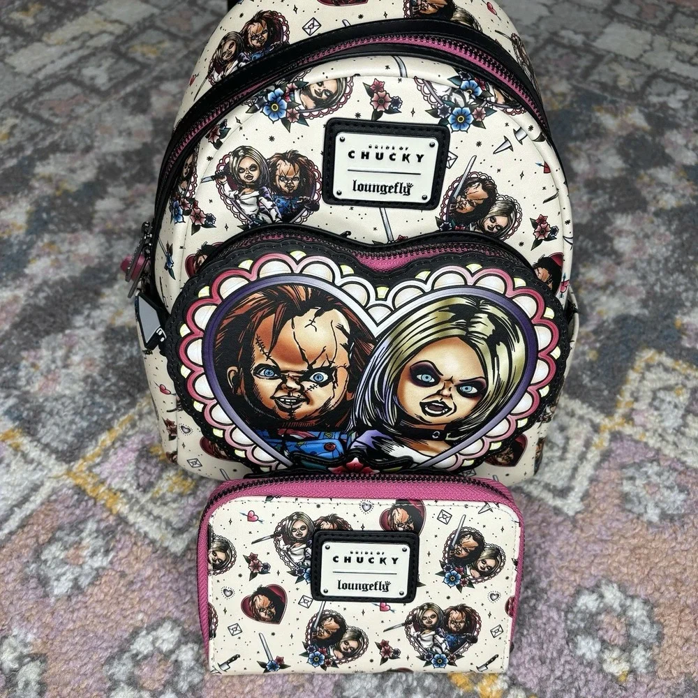 Loungefly Mini Backpack Wallet Set Chucky Doll Bride Tiffany Tattoo Design Heart