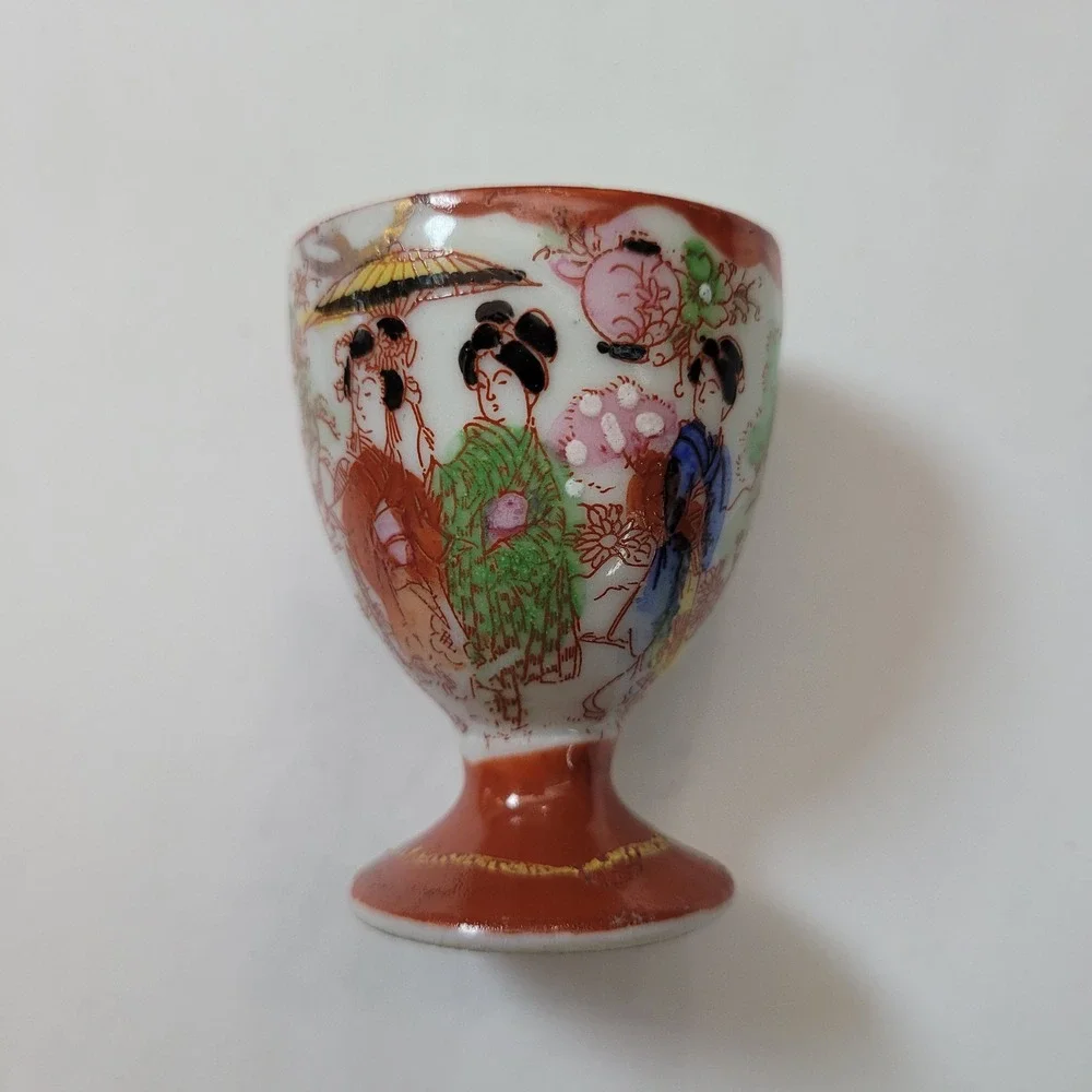 Japanese Porcelain Egg Cup Hand Painted Geisha Pagoda Scene Vintage Rare Genuine