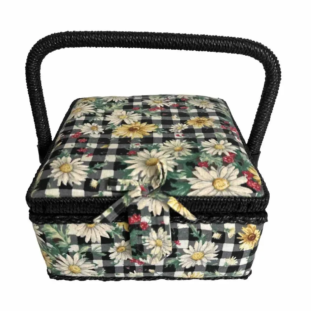 Sewing Box Basket‎ Vintage Square Floral Design Padded w/ Handle