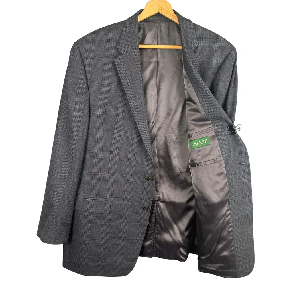 Lauren Ralph Lauren Mens 46L Grey Glen Plaid 100% Wool 2-Button Blazer Coat