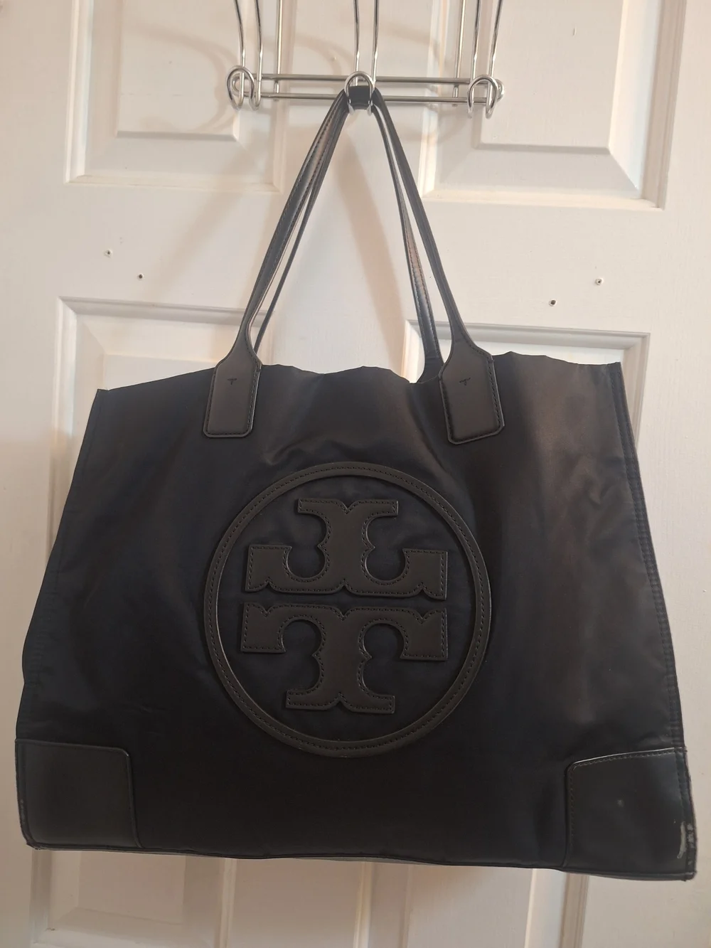 Tory Burch Black Nylon Logo Tote Bag Leather Trim