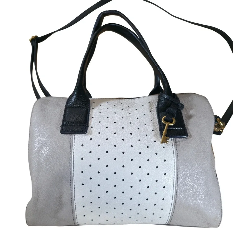 Fossil Jori Large Satchel Purse Gray White Leather Handbag Top Handle Bag w/ Key