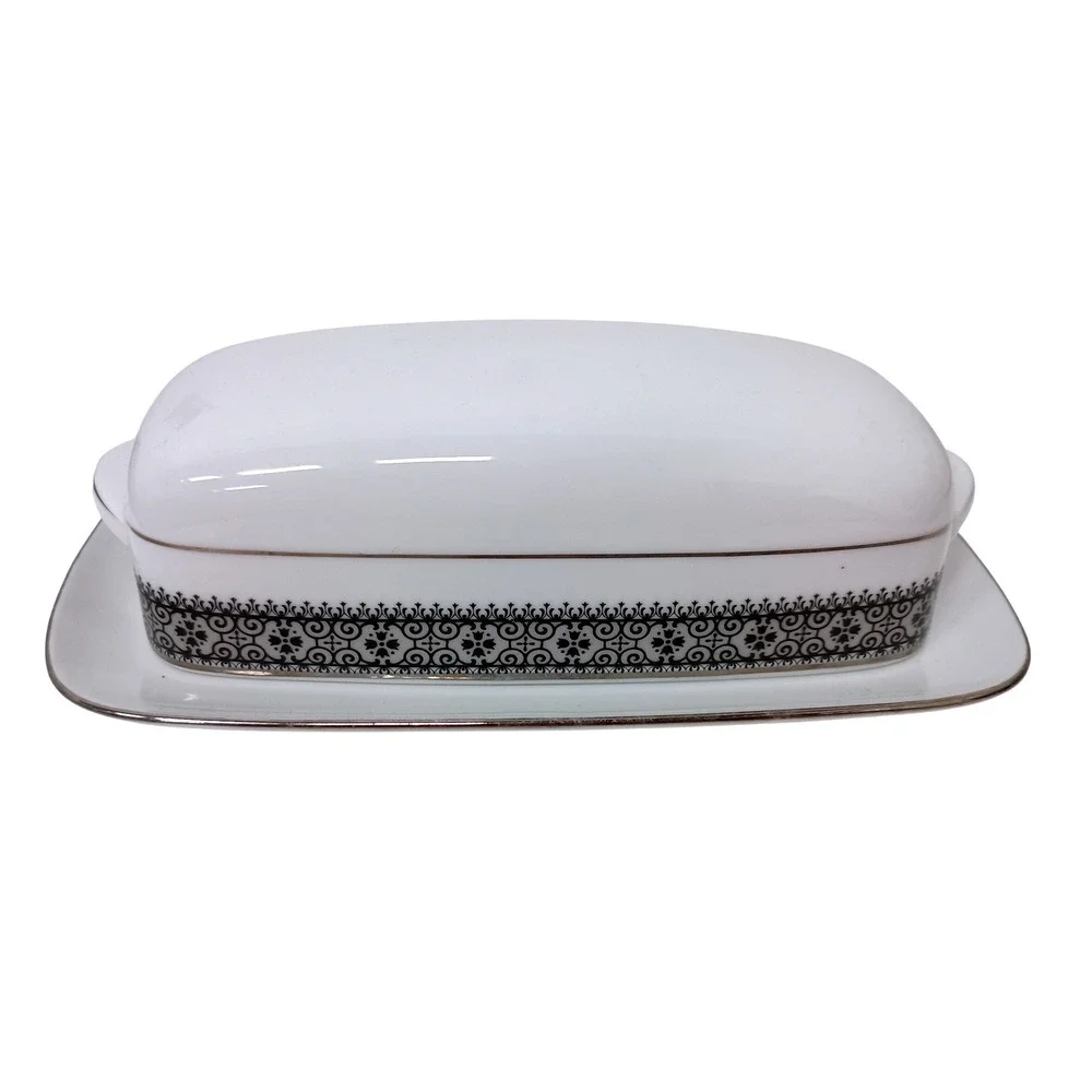 Noritake Vintage‎ Butter Dish White Silver Trim Black Filigree Pattern Japan