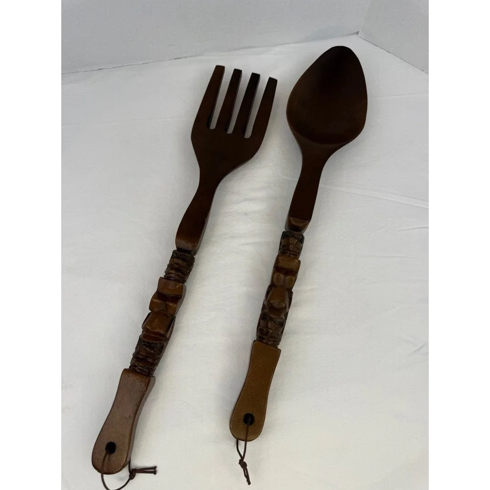 Vintage Hand Carved Wooden‎ Tiki Totem Salad Serving Set Fork Spoon Wall Decor