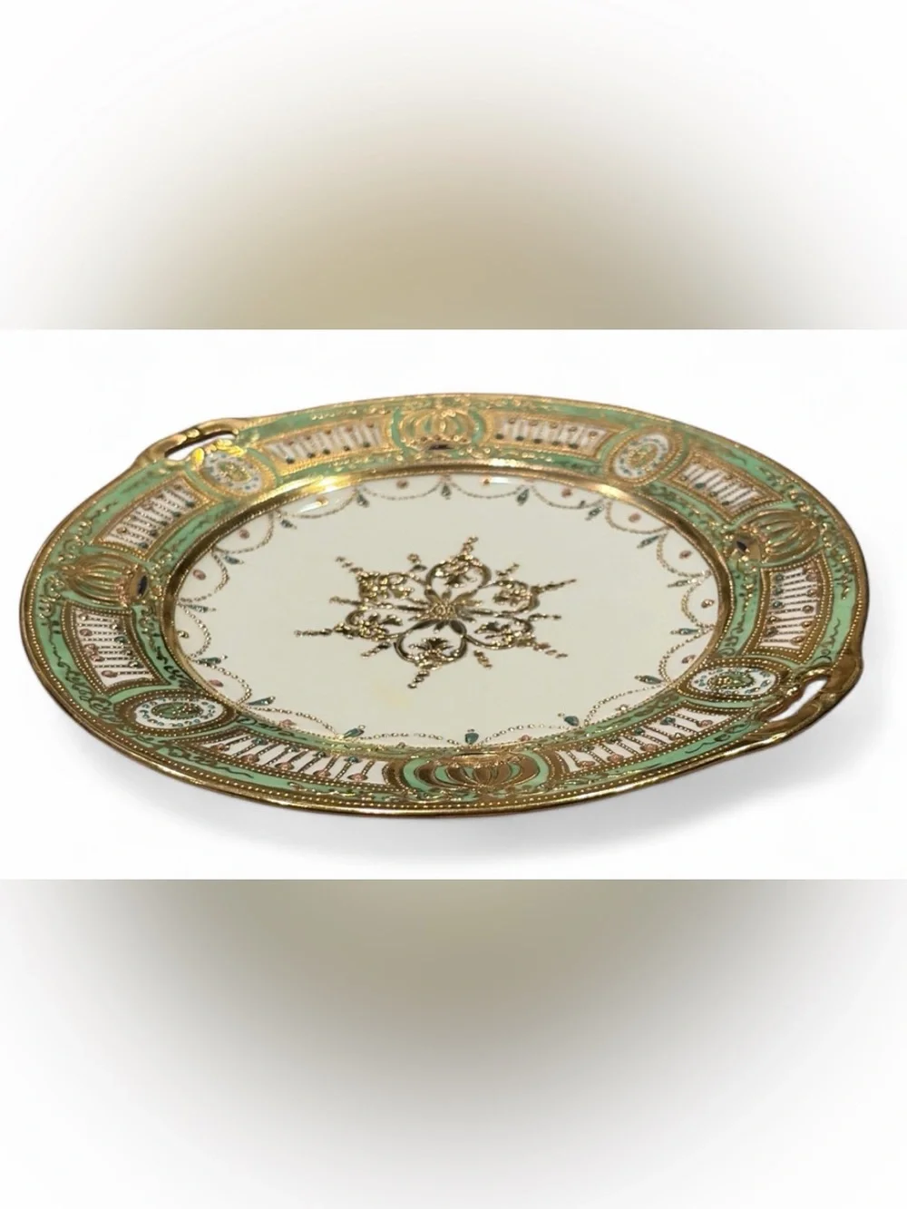 Antique Nippon Hand Painted Moriage Porcelain Handled Serving Plate Tray Dish