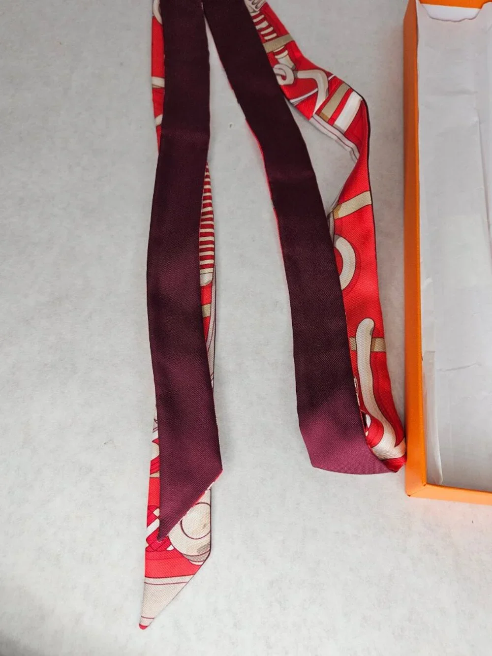 Authentic Hermes Red White Twilly Thin Silk Scarf with Box