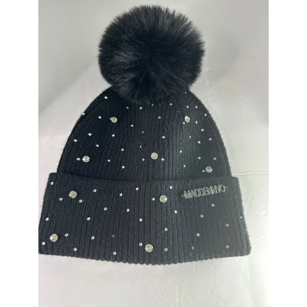 Madden NYC Women’s Beanie Ribbed Fleece Winter Hat Pom Pom Faux Fur Black Y2K