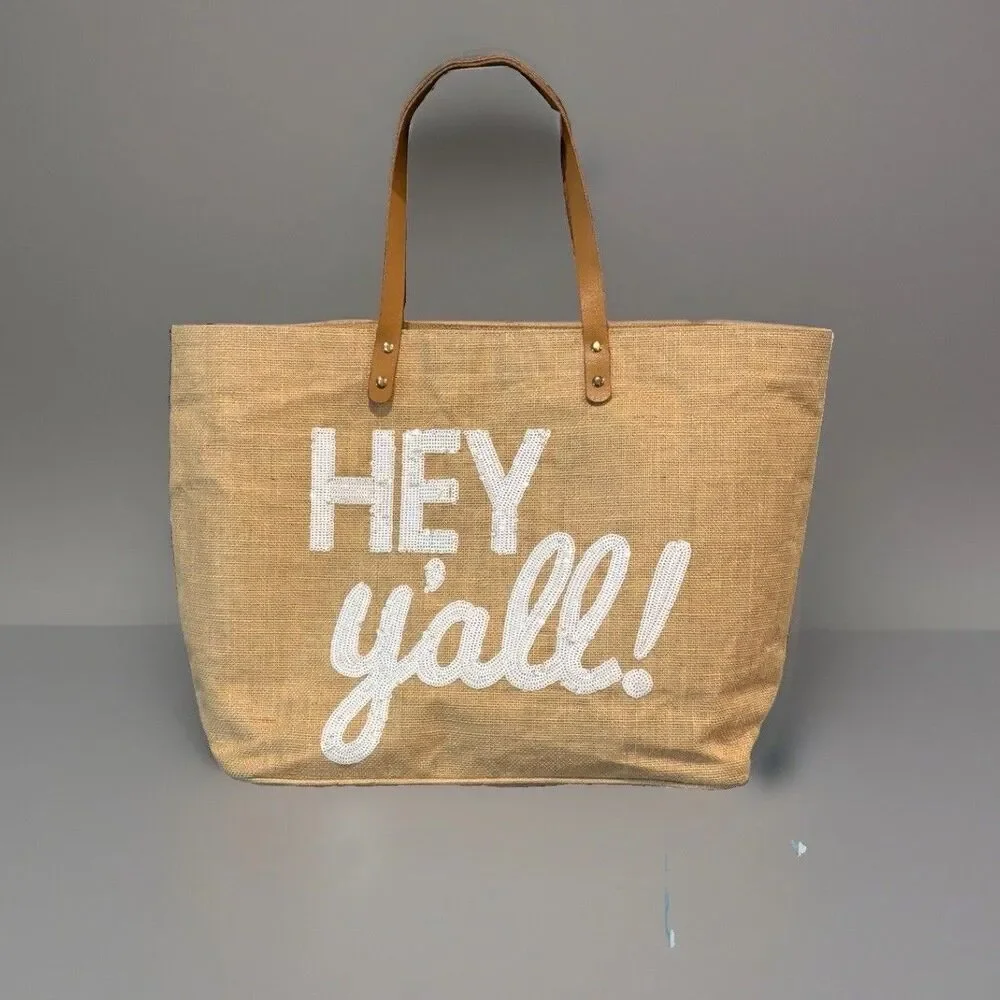Mud Pie  “Hey Y’all” Jute Tote Beach Bag Burlap ~Tan ~ 21”X14”