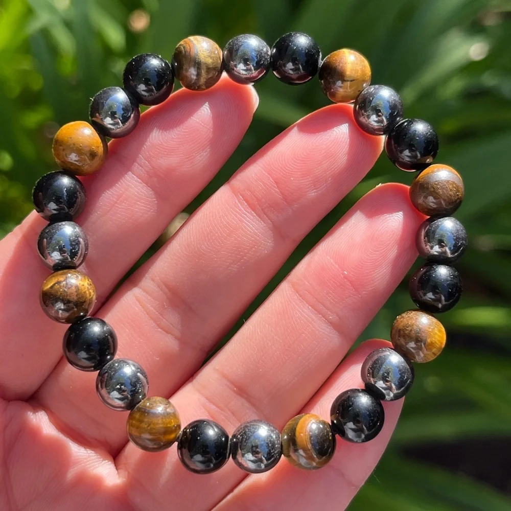 8mm stretchable tiger eye, black obsidian,‎ hematite bracelet 0334