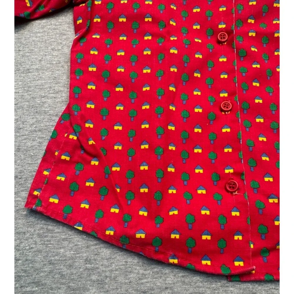 Vintage 80s OshKosh B’Gosh Girls Size 5 Red House Tree Print Blouse USA