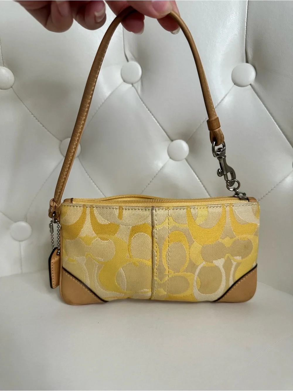 Coach Yellow Signature Canvas Wristlet with Leather Trim