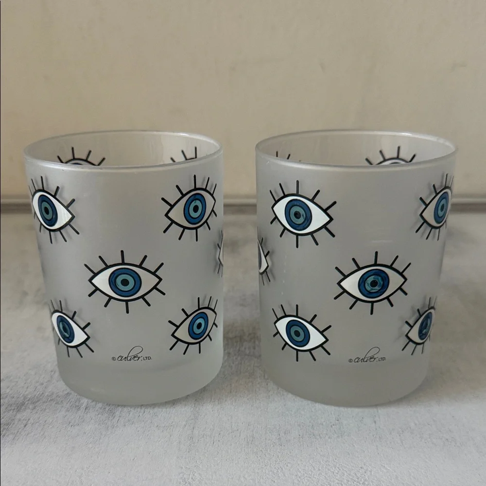 Culver Blue Evil Eye Pattern Frosted 2 Glasses Set