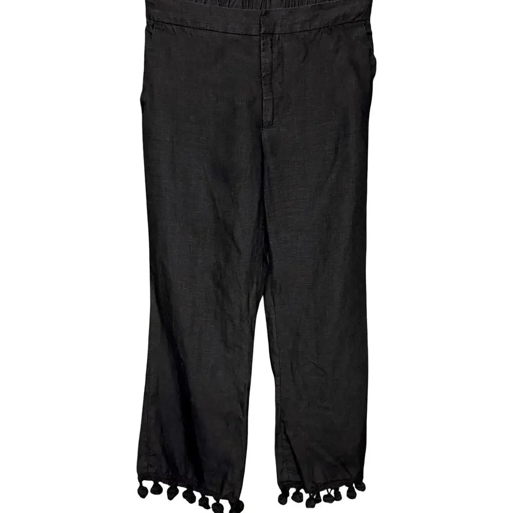Zara Women's Small 100% Linen Black Straight Leg Cropped Pom Pom Tassel Pants