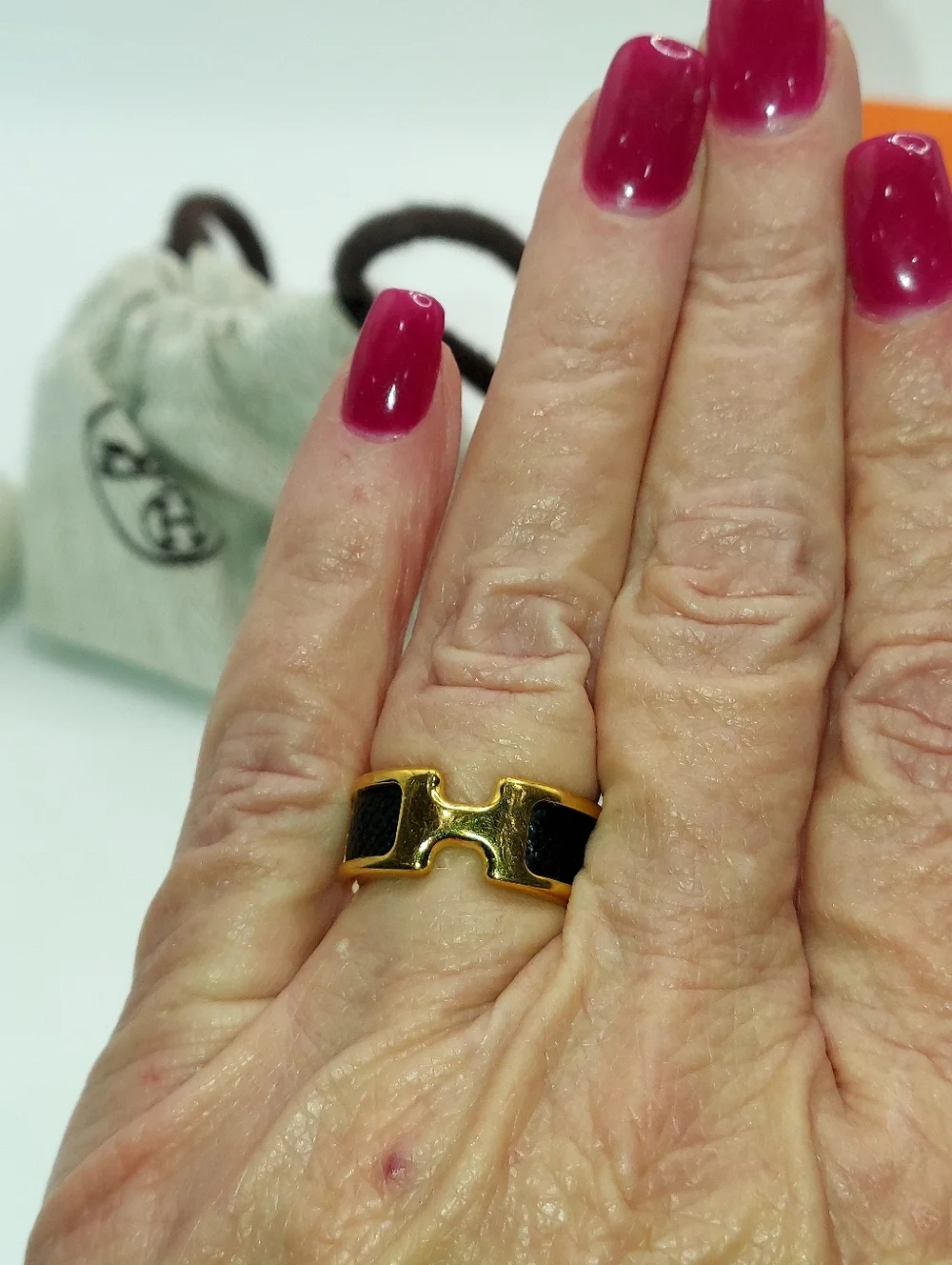 HERMES OLYMPE RING Gold Tone With Black Leather Sz M 6.75/7.25