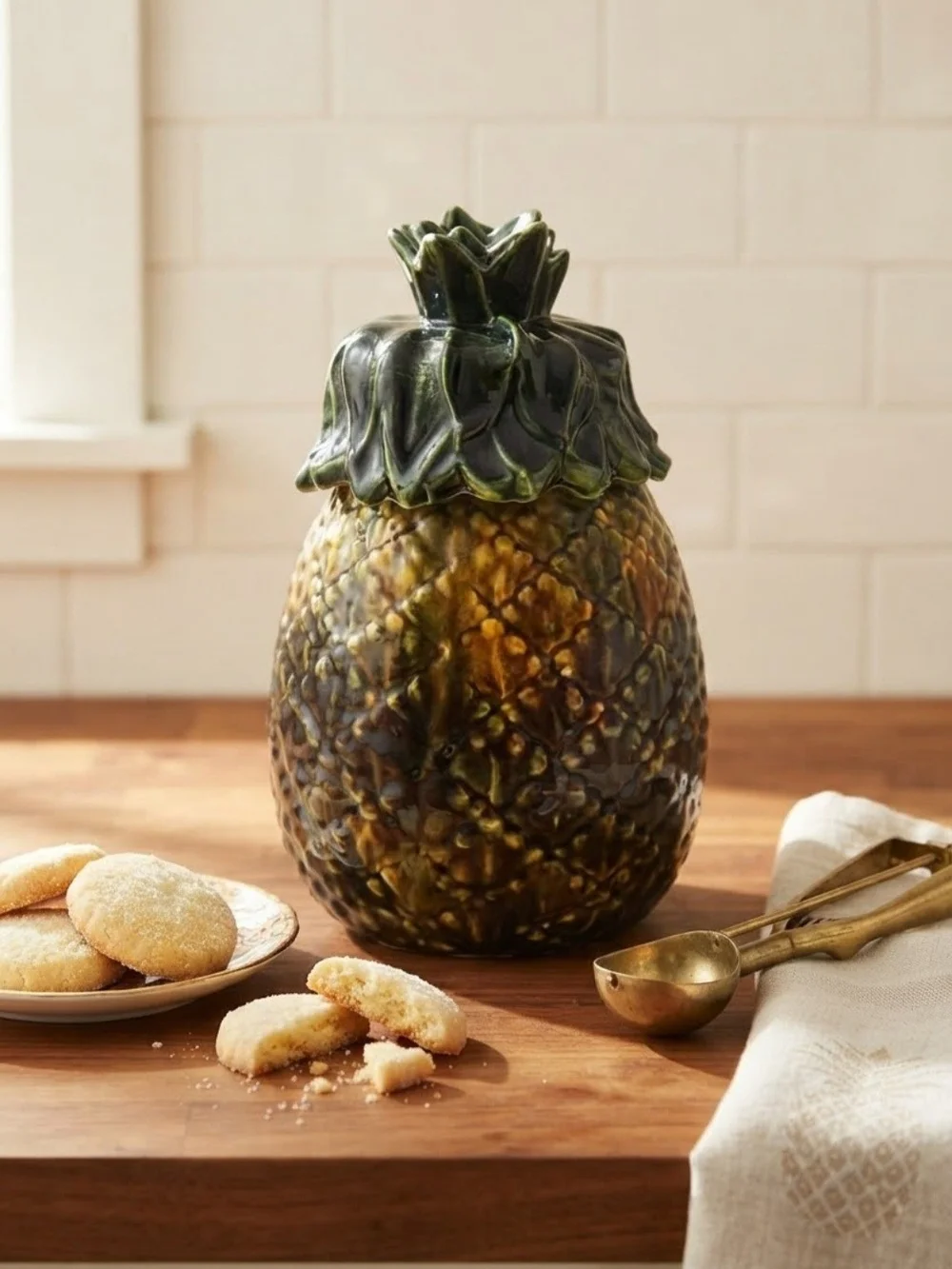 Pineapple Ceramic Cookie Jar - Green and Brown