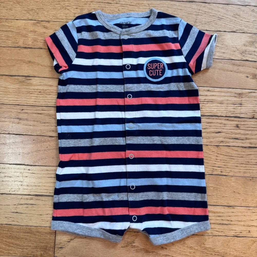 Carters Baby Boy 18M Striped Romper Super Cute Dog Applique Snap‎ Front Cotton