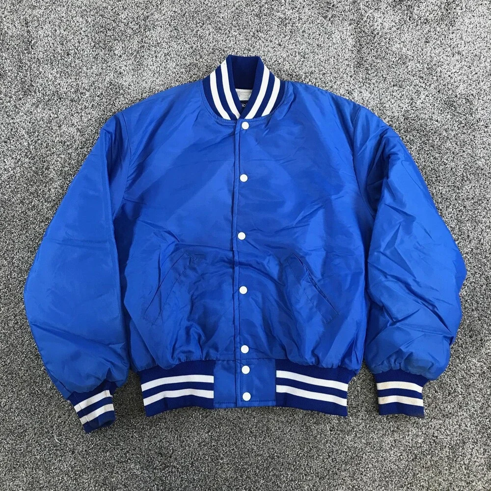 Vintage Holloway Varsity Jacket Mens Large Royal Blue Satin Quilted Snaps