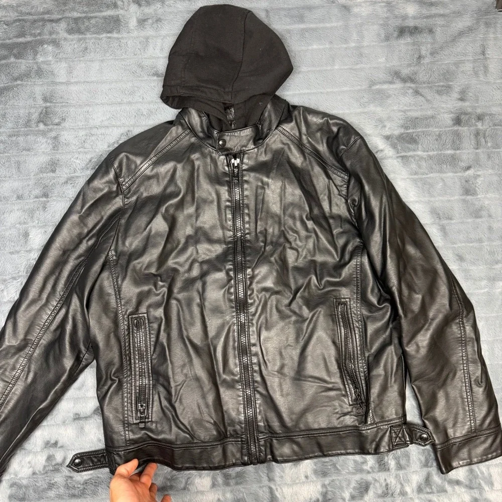 Calvin Klein Mens Faux Leather Hooded Moto Jacket Black Large 6653