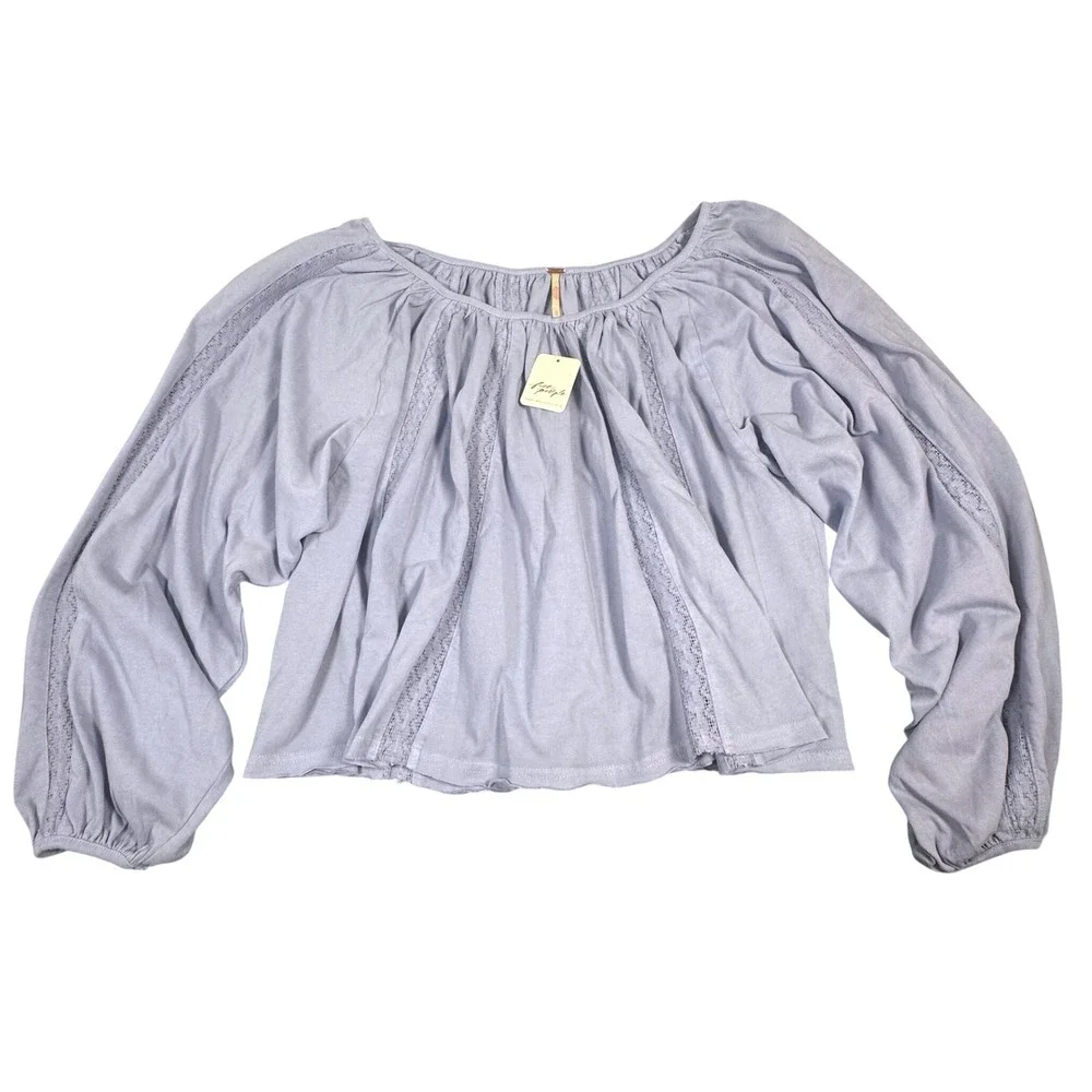 NWT Free People Frosted Violet Cotton Lace Inset Balloon Sleeve Top Medium