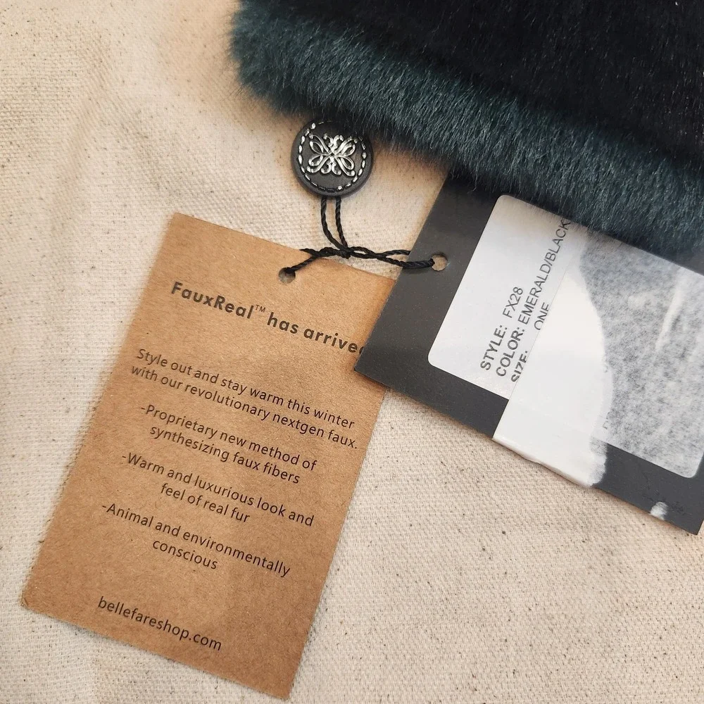 New Belle Fare FauxReal Emerald Black Faux Fur Scarf Neck Warmer Neiman Festival