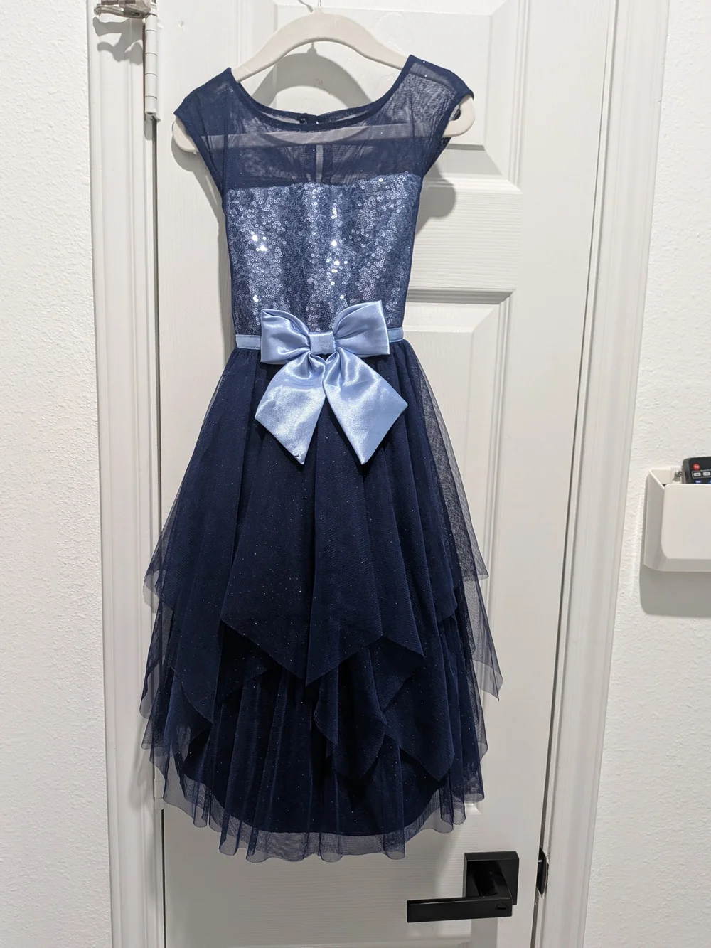 Jona Michelle Navy Sequin Tulle Dress with Light Blue Bow