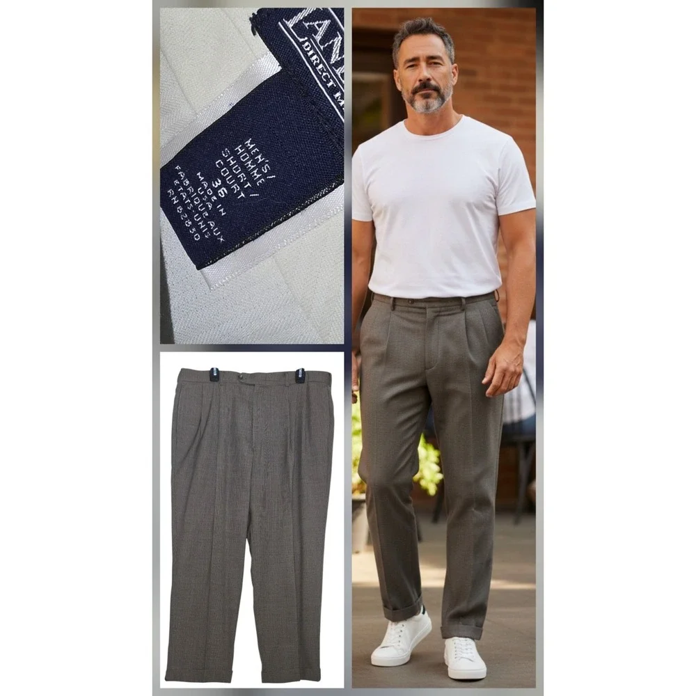 Lands End Size 36 Brown‎ Houndstooth Wool Pleated Traditional Fit Mens Pants