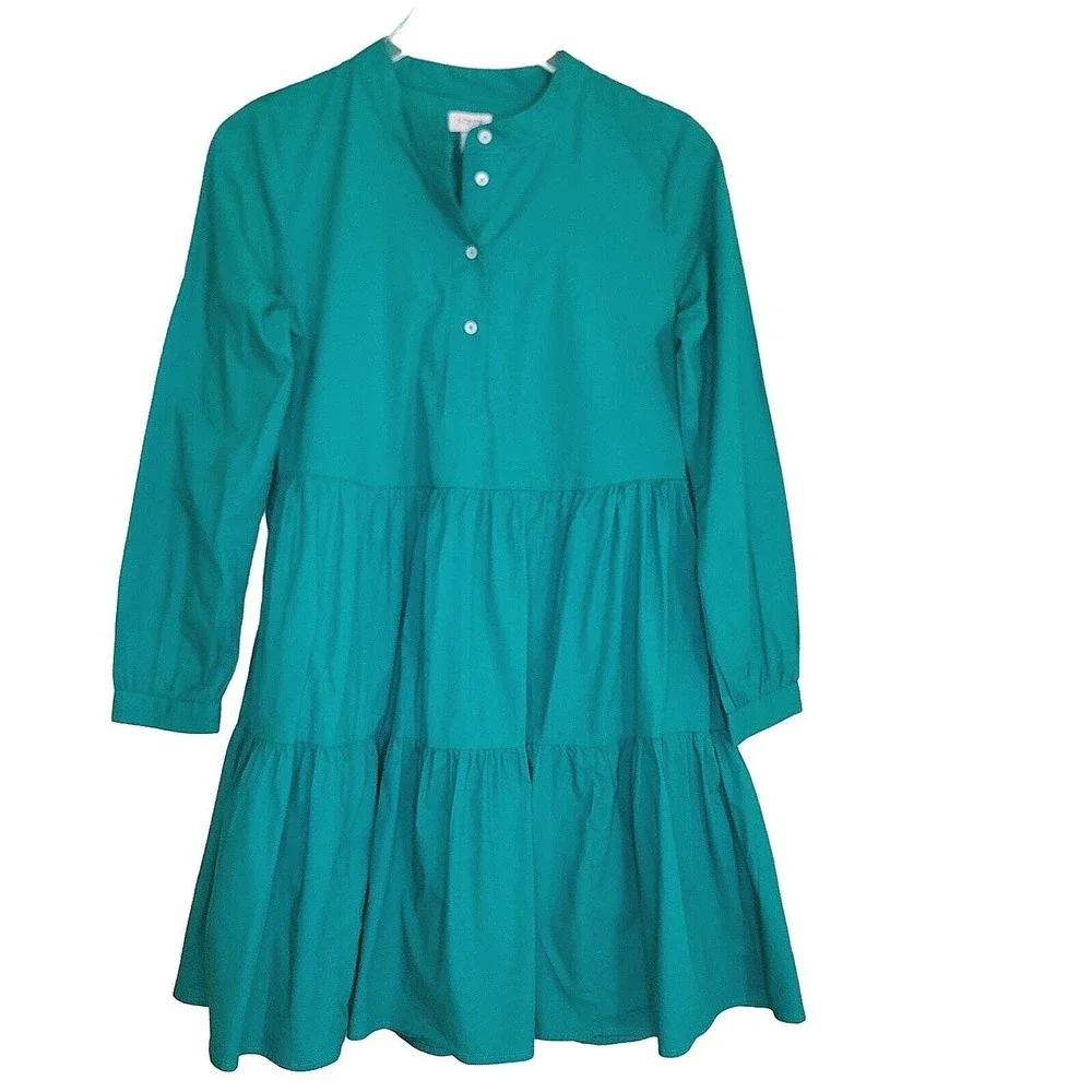 J Crew‎ Boho Tiered Babydoll Dress Green Cottage Peasant Long Sleeve Cotton XS
