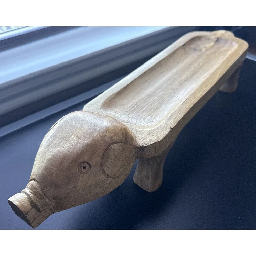 American Folk Art Carved Wooden Pig Tray Sculpture Standing Wood.