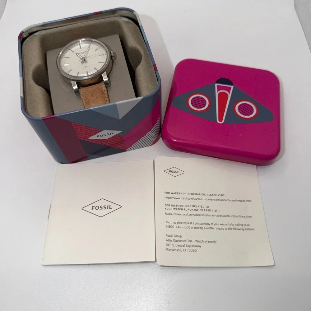 Fossil The Commuter Twist Watch Women Tan Leather Strap Minimalist Analog