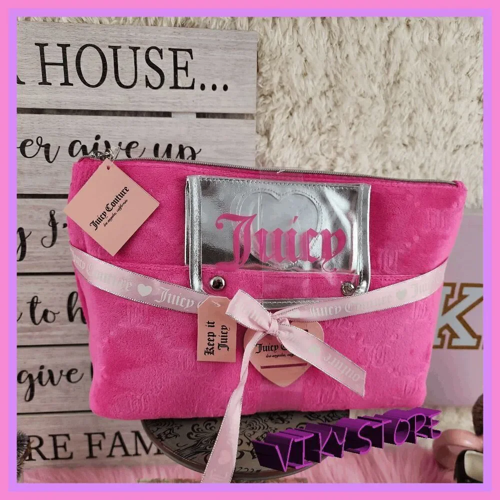 💕 NWT Juicy Couture Pink Velvet Cosmetic Bag Set w/ Brush Holder #7195 💕