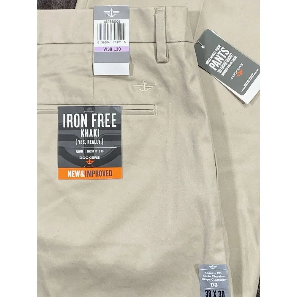 NWT Dockers Pleated Classic Cuffed Fit D3 Iron Free Pants Stretch Khaki Tan Bone