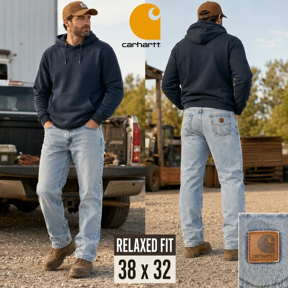 Carhartt B172 DST Relaxed Fit Flannel Lined Jeans Mens‎ 38x32 Light Wash Denim