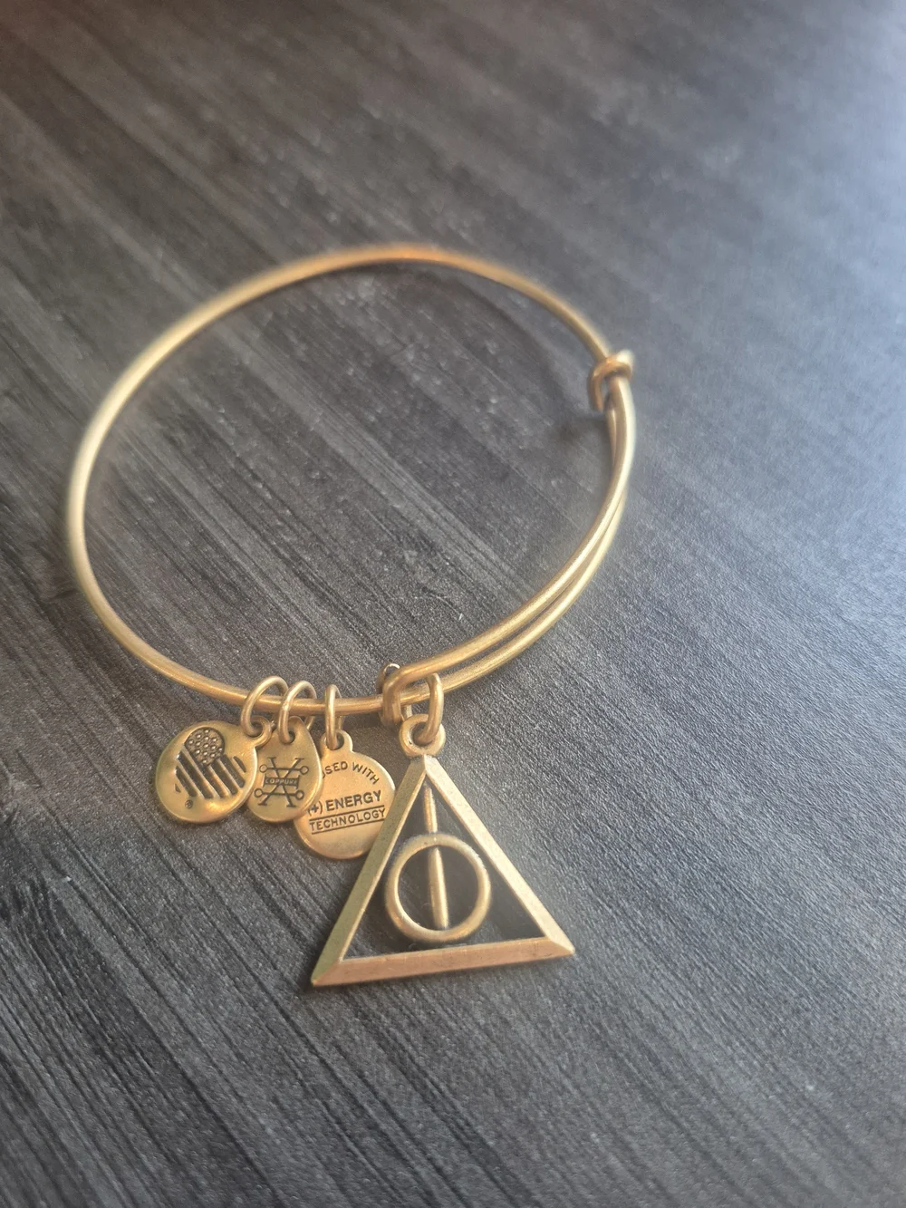 Alex And Ani Harry Potter Deathly Hallpws Gold-Tone Pendant Bangle Bracelet