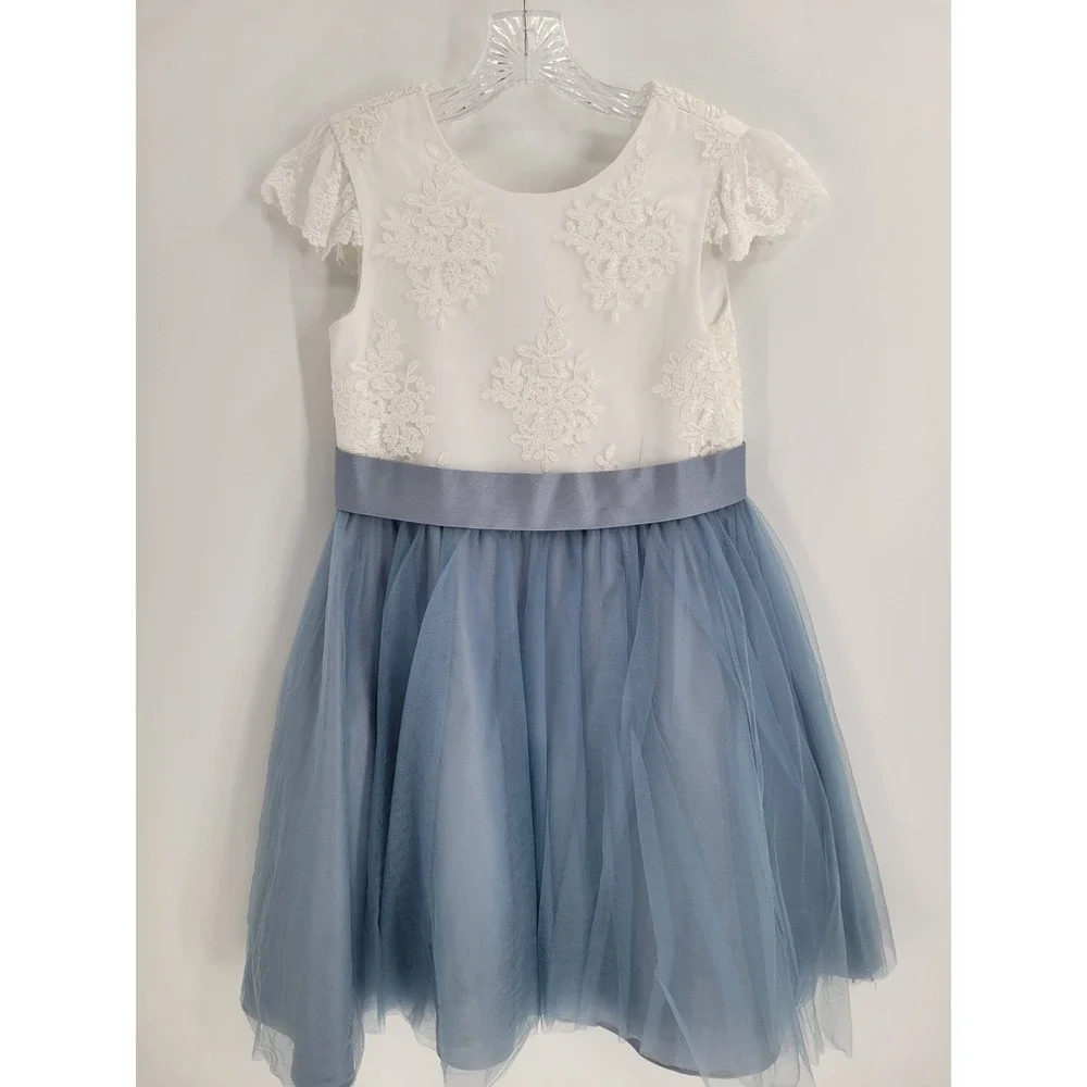 JJ's HOUSE GIRLS DUSTY BLUE FLOWER GIRL/BRIDESMAID TULLE EMBROIDERED DRESS SZ 12