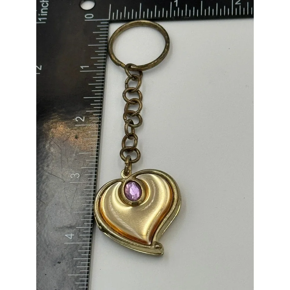 Vintage Style Gold Tone Heart Locket‎ Keychain Purple Rhinestone Portrait