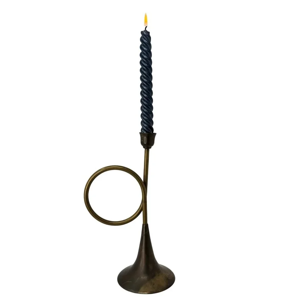 Vintage Brass‎ French Horn Taper Candle Holder Sculptural Mid Century Decor