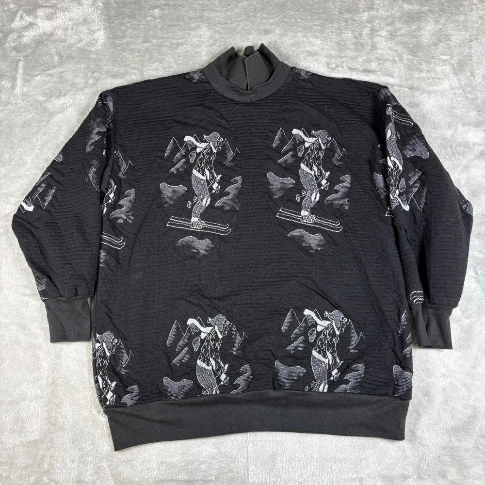 Vintage Ski Sweater Mens Medium Black 80s 90s Jacquard Knit Snow Mountains Apres