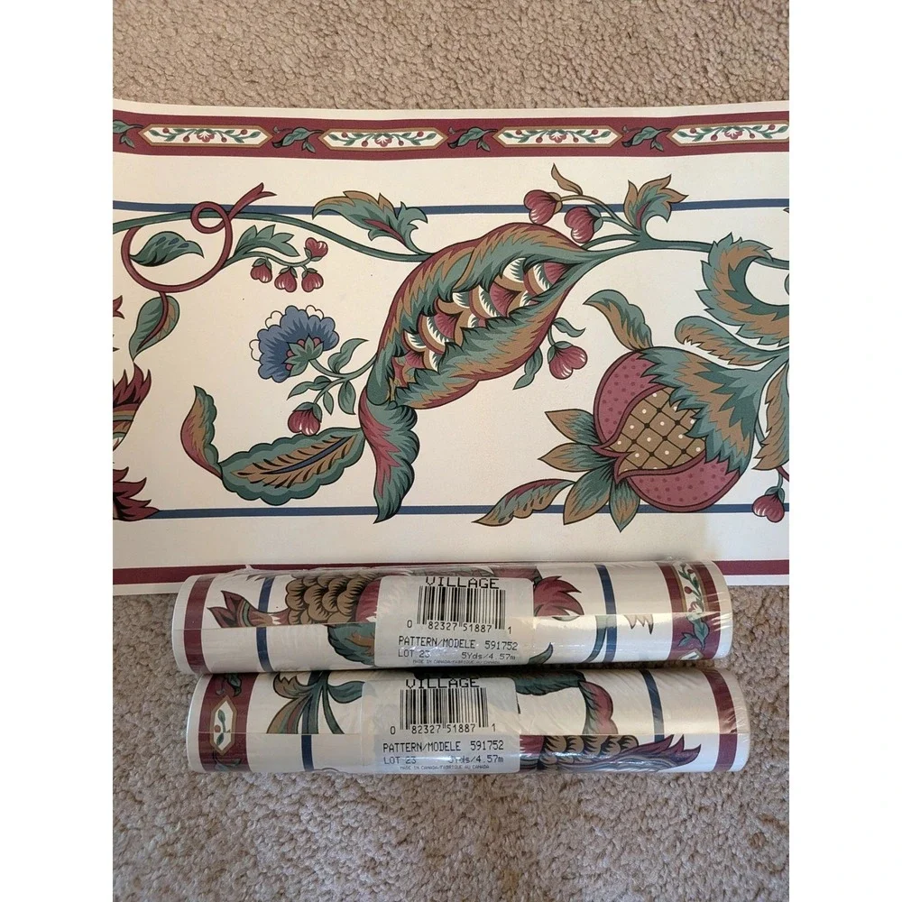 Vintage Village Wallpaper Border Jacobean Floral Pomegranate 3 Rolls‎ Lot 23