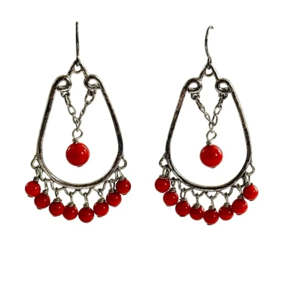 VTG Red salmon coral Earrings Dangle Pierced natural beads‎ Silver 925 sterling