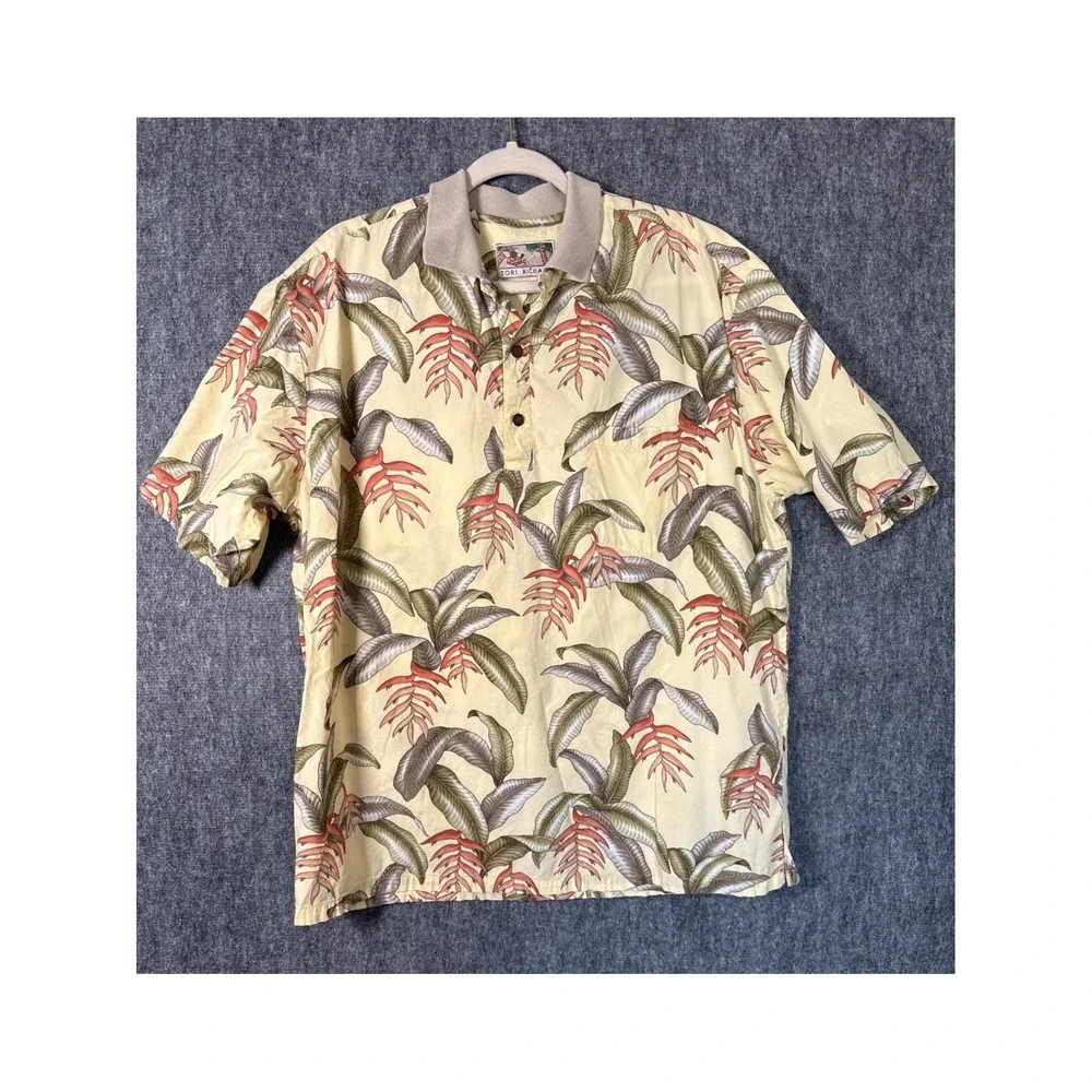 Tori Richard Mens Large Yellow Tropical Heliconia Palm Print Polo Hawaiian Shirt