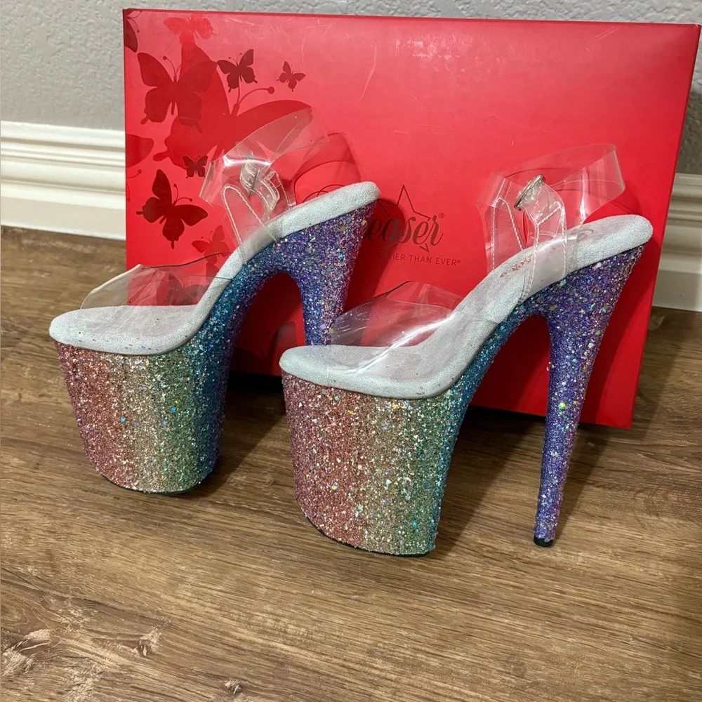 Pleaser Multicolor Glitter Platform Heels with Clear Straps