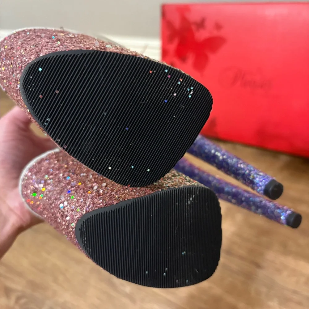 Pleaser Multicolor Glitter Platform Heels with Clear Straps