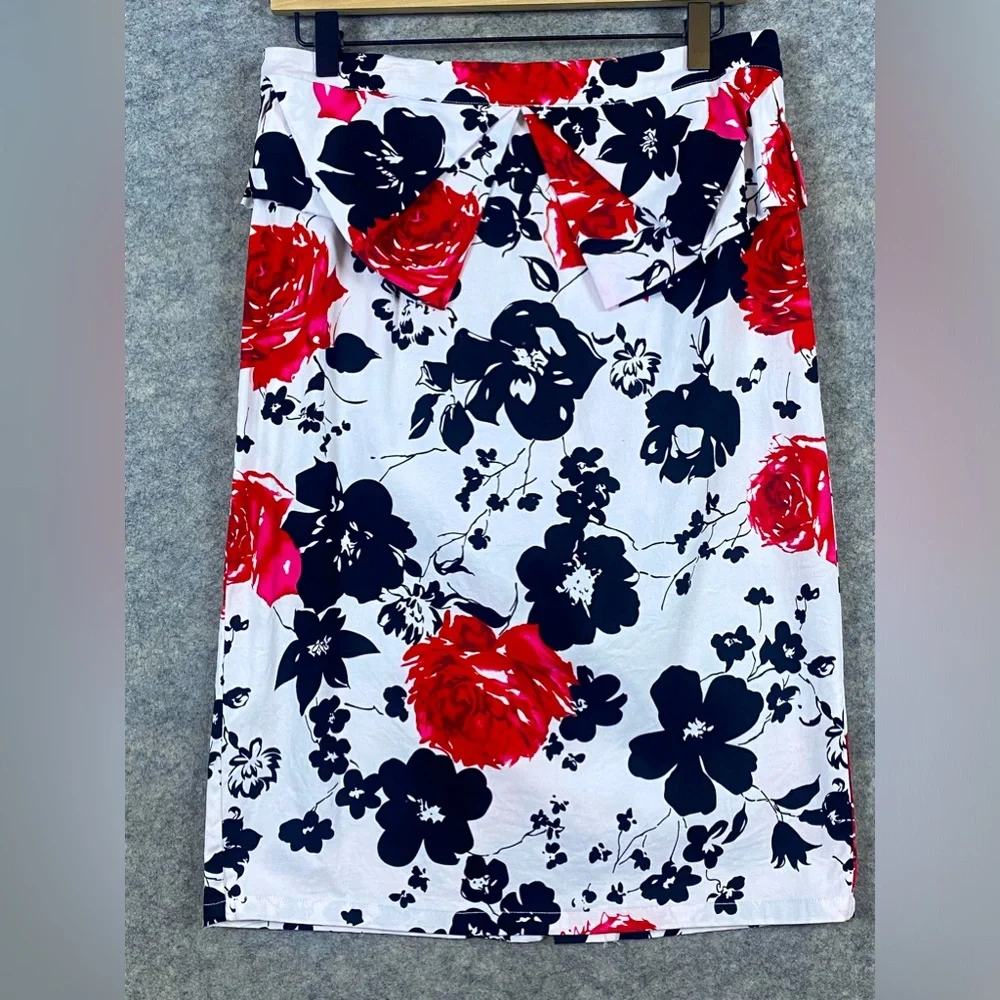 Grace Karin Pencil Skirt‎ Size Large Red Black White Floral Rose Ruffle Detail