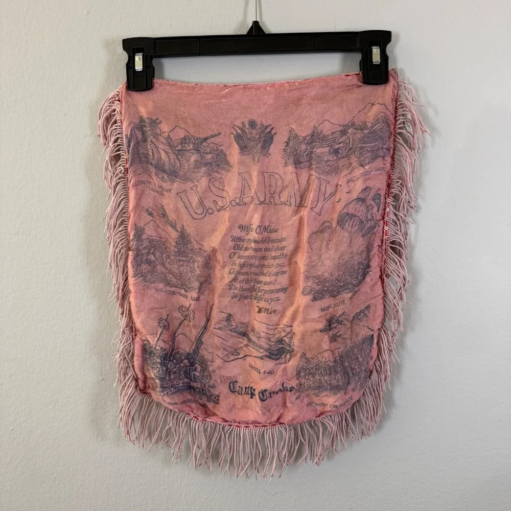 US Army Camp Cooke Souvenir Fabric Panel Pink‎ Fringe Vtg Military Memorabilia