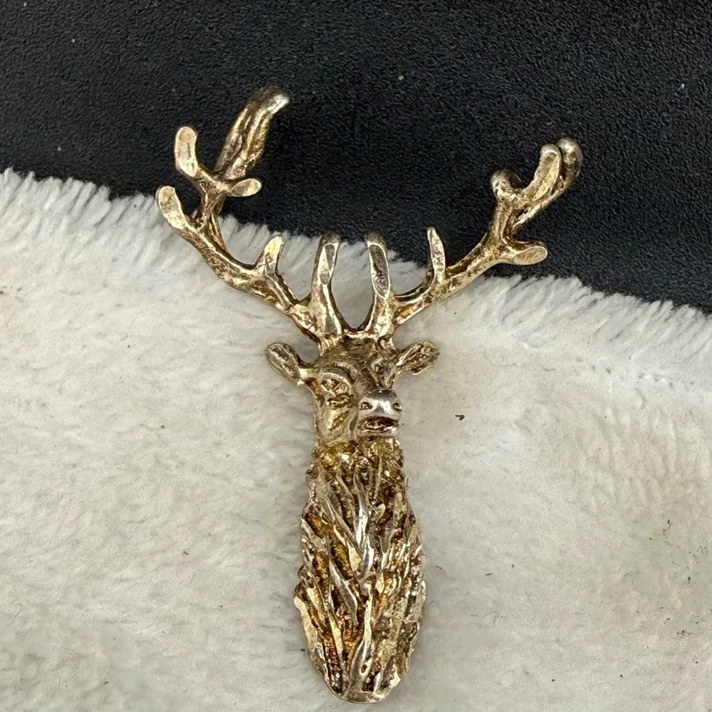 Vintage Pendant Deer Gold Tone Textured Antler Stag 925 READ